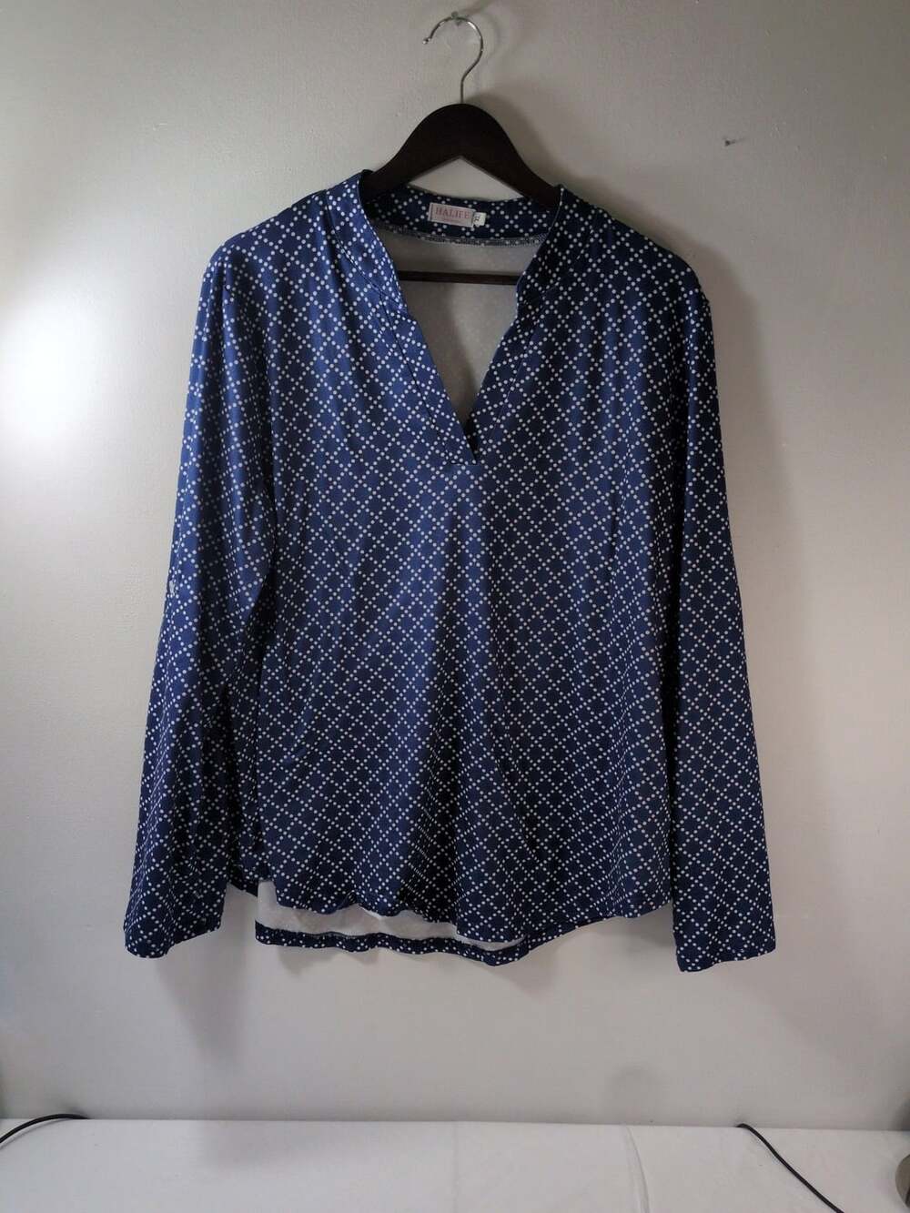 Halife Blue Polka Dot V-Neck Blouse Size XL Long Sleeve Top